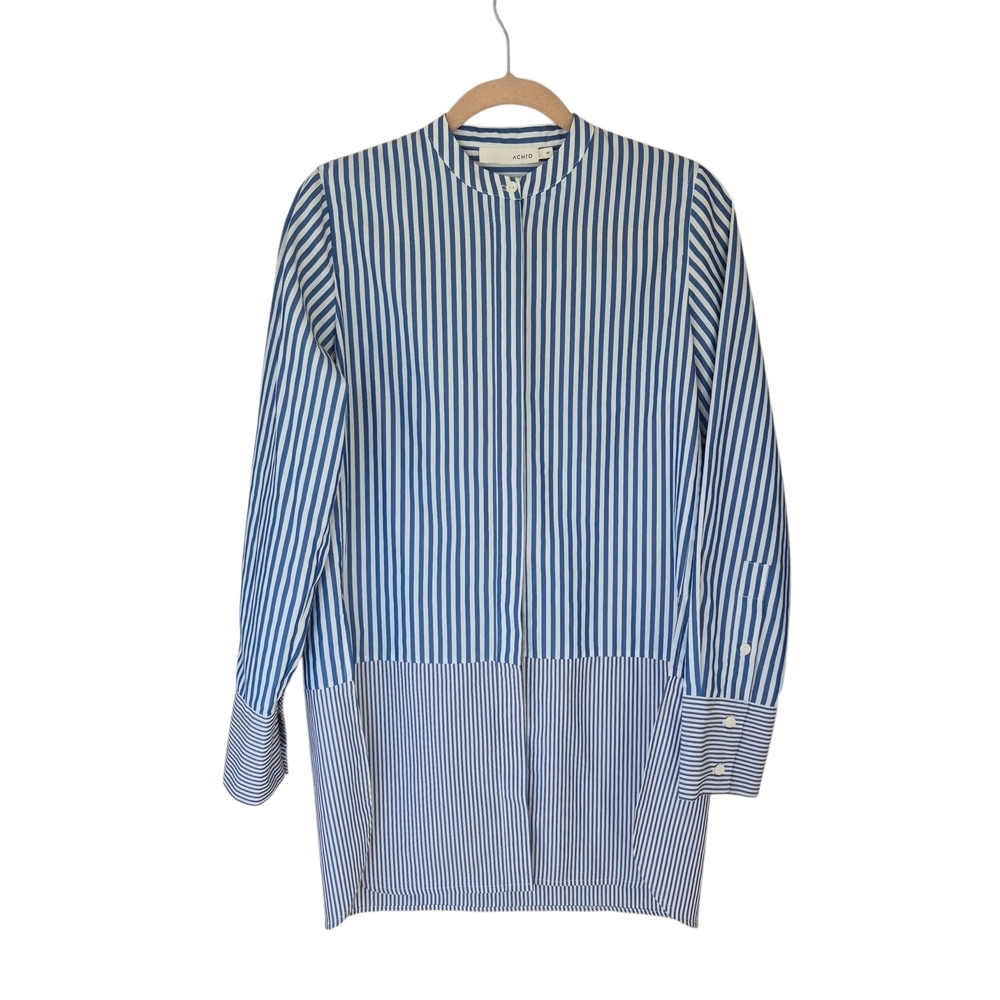 Achro Striped Hwite & Blue Long Tunic Shirt With Slits